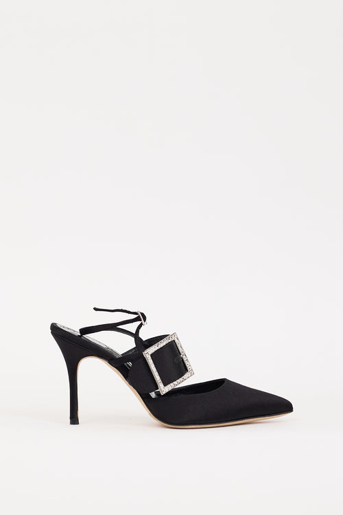 Manolo Blahnik Black Satin 
Crystal Buckle Beladona Heel