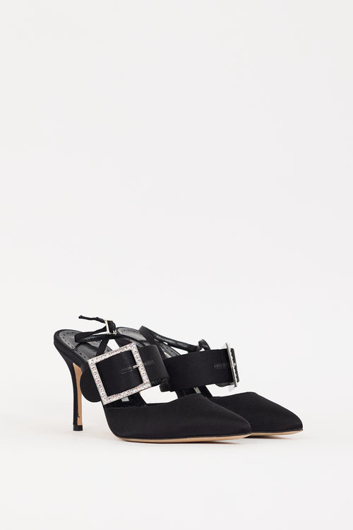 Manolo Blahnik Black Satin 
Crystal Buckle Beladona Heel