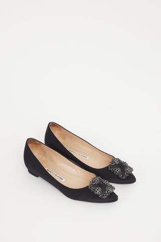 Manolo Blahnik Black Satin Hangisi Jewel Flat