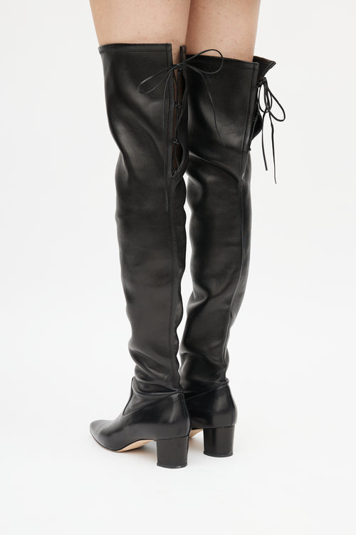 Manolo Blahnik Black Leather Giovanna Over The Knee Boot