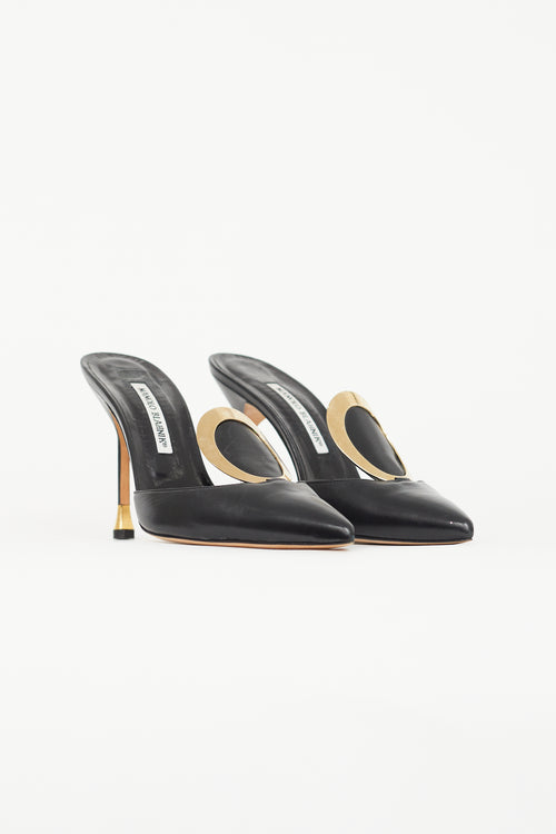 Manolo Blahnik Black 
Gold Leather Geometric Embellished Mule