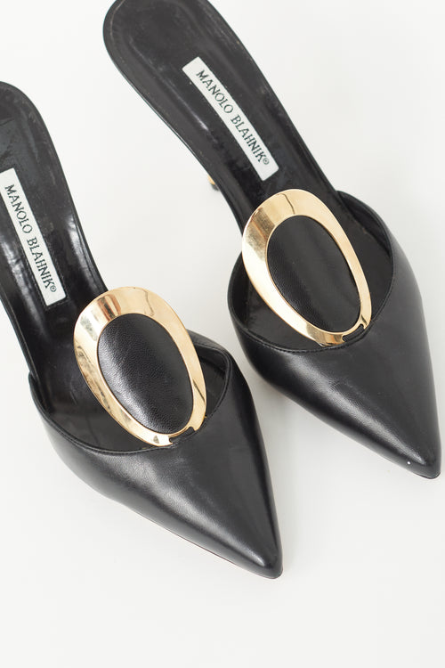 Manolo Blahnik Black 
Gold Leather Geometric Embellished Mule