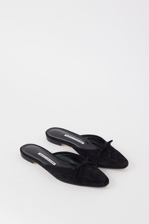 Manolo Blahnik Black Suede Ballerimu Bow Mule