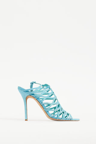 Manolo Blahnik Blue Suede Laser Cut Slingback Heel