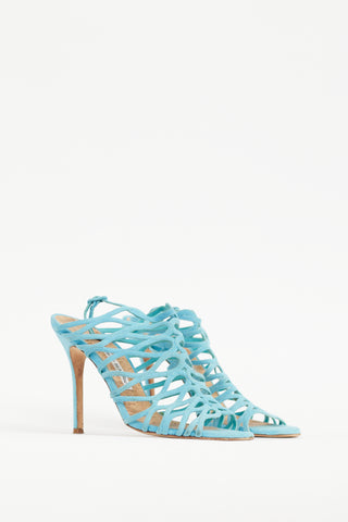 Manolo Blahnik Blue Suede Laser Cut Slingback Heel