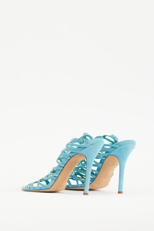 Manolo Blahnik Blue Suede Laser Cut Slingback Heel