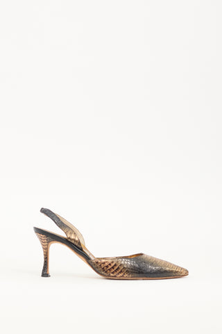 Manolo Blahnik Bronze 
Black Textured Leather Carolyne Pump