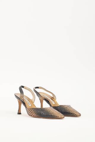 Manolo Blahnik Bronze 
Black Textured Leather Carolyne Pump