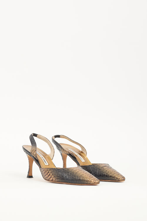 Manolo Blahnik Bronze 
Black Textured Leather Carolyne Pump