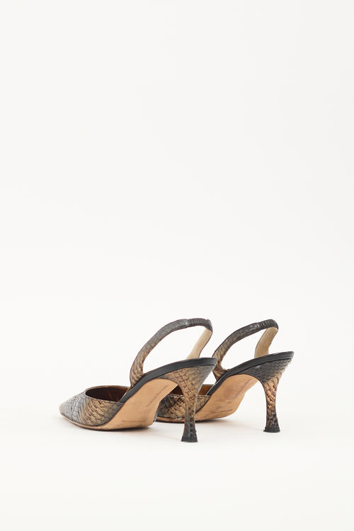 Manolo Blahnik Bronze 
Black Textured Leather Carolyne Pump