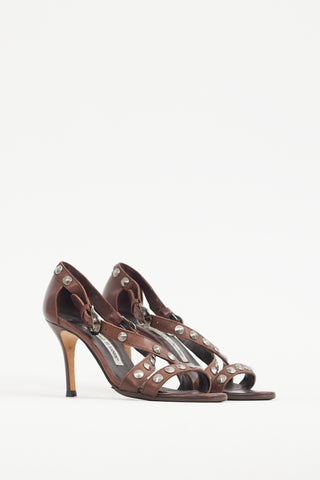 Manolo Blahnik Brown 
Silver Studded Leather Strappy Heel