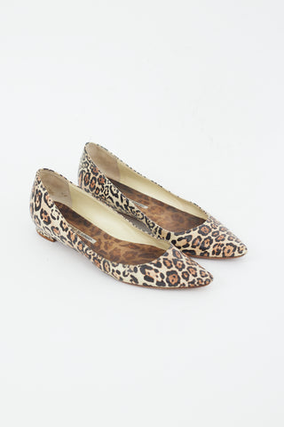 Manolo Blahnik Brown 
Black Printed Leather Flat