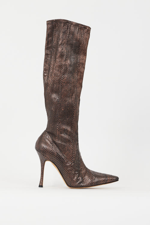 Manolo Blahnik Bronze Embossed Leather Stretch Knee High Boot