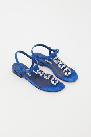 Manolo Blahnik Blue Suede Crystal Embellishment Sandal