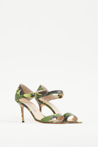 Manolo Blahnik Green 
Multicolour Printed Leather Heel