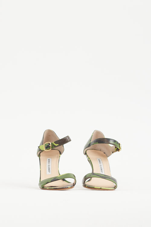 Manolo Blahnik Green 
Multicolour Printed Leather Heel