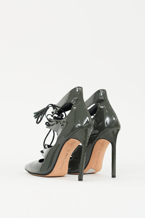 Manolo Blahnik Green Patent Leather Caged Lace Up Heel