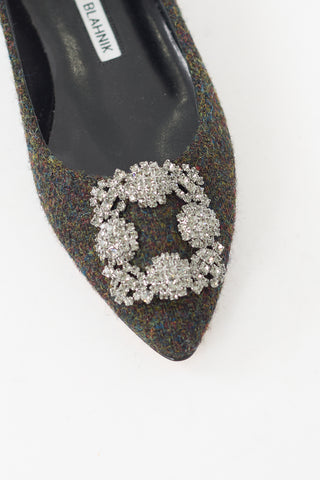 Manolo Blahnik Green Tweed Hangisi Jewel Buckle Flat