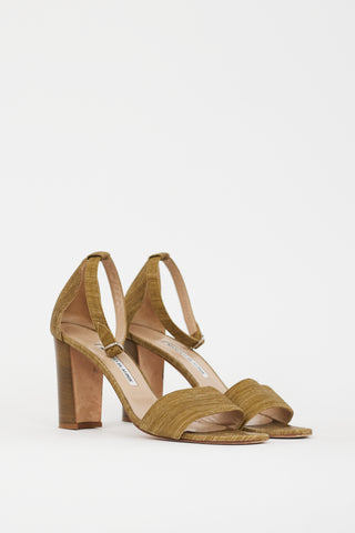 Manolo Blahnik Green Textured Lauratop Heeled Sandal