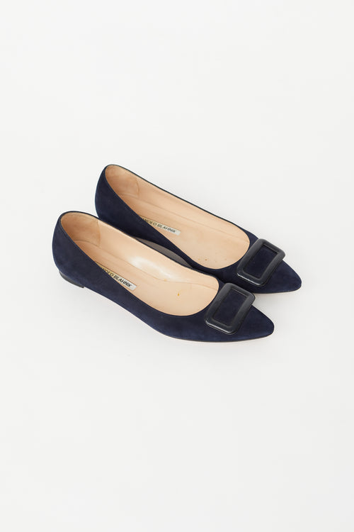 Manolo Blahnik Navy Suede Maysale Ballet Flat