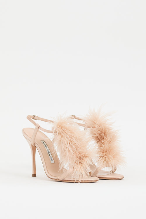 Manolo Blahnik Pink Satin 
Feather Elia Heel