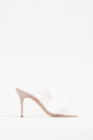 Manolo Blahnik Pink Suede 
PVC Scolto Heel