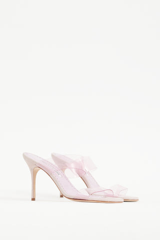 Manolo Blahnik Pink Suede 
PVC Scolto Heel