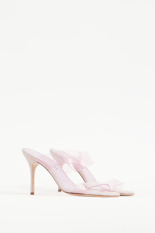 Manolo Blahnik Pink Suede 
PVC Scolto Heel