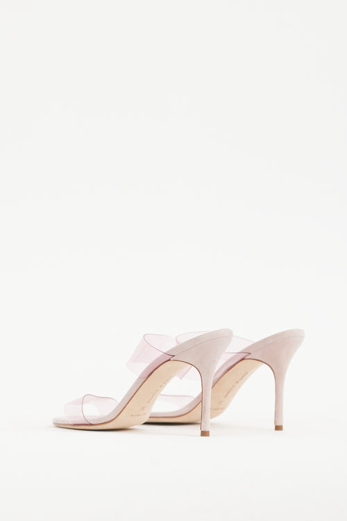 Manolo Blahnik Pink Suede 
PVC Scolto Heel