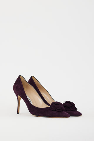 Manolo Blahnik Purple Suede Lisa Flower Pump