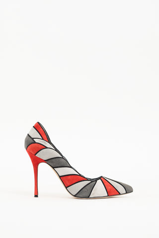 Manolo Blahnik Red 
Grey Suede Eidotea Pump