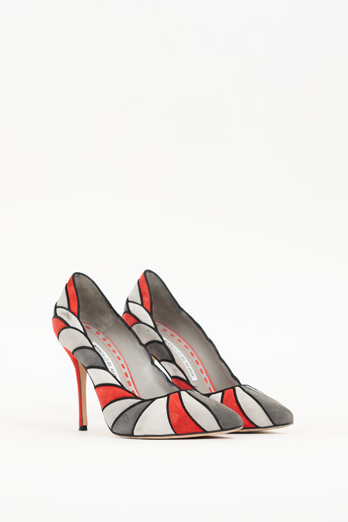 Manolo Blahnik Red 
Grey Suede Eidotea Pump