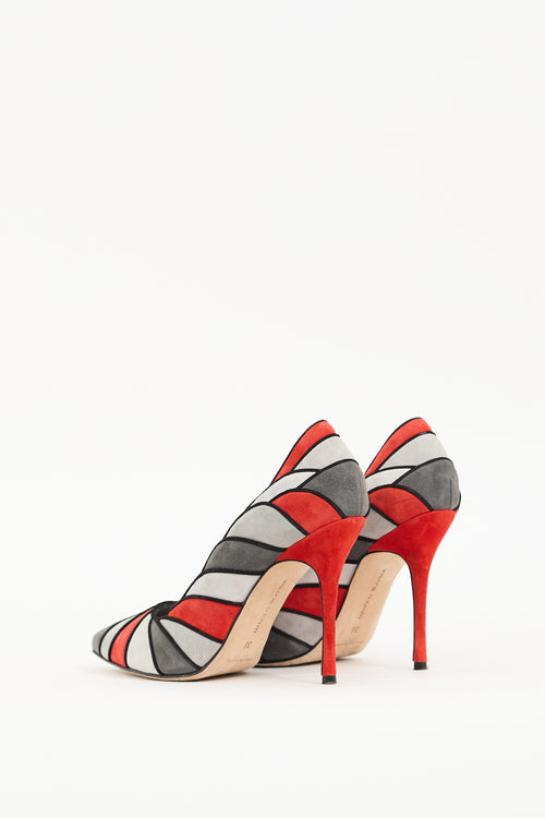 Manolo Blahnik Red 
Grey Suede Eidotea Pump