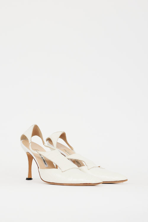 Manolo Blahnik White Embossed Leather Cutout Heel