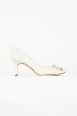 Manolo Blahnik Cream Hangisi Lace 
Crystal Heel