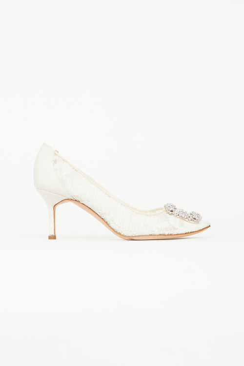 Manolo Blahnik Cream Hangisi Lace 
Crystal Heel