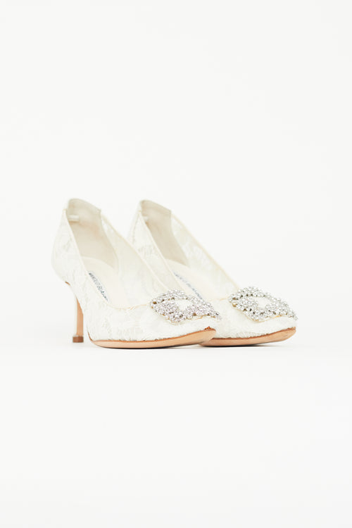 Manolo Blahnik Cream Hangisi Lace 
Crystal Heel