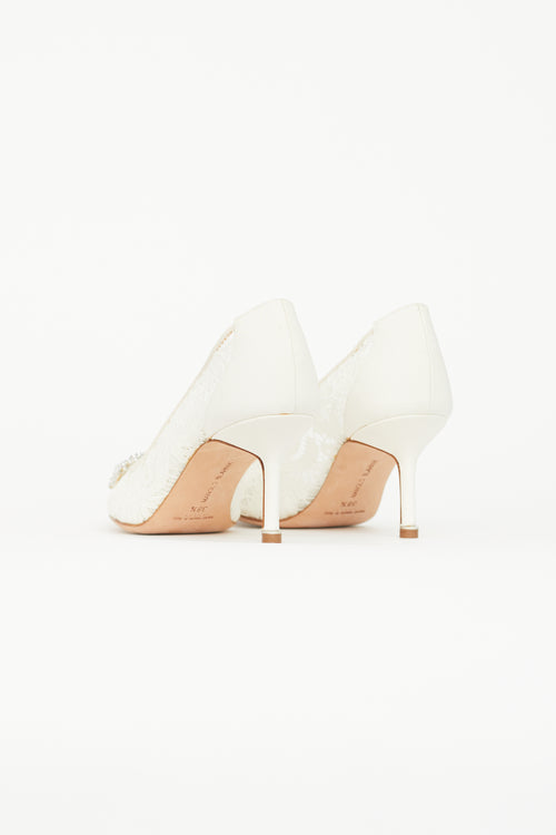 Manolo Blahnik Cream Hangisi Lace 
Crystal Heel