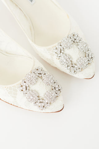 Manolo Blahnik Cream Hangisi Lace 
Crystal Heel