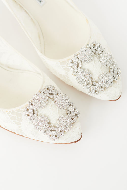 Manolo Blahnik Cream Hangisi Lace 
Crystal Heel