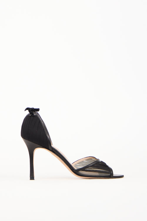 Manolo Blahnik Black Leather 
Mesh Bow Heel