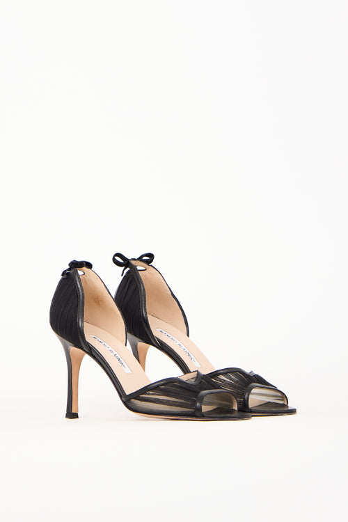 Manolo Blahnik Black Leather 
Mesh Bow Heel