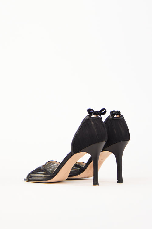 Manolo Blahnik Black Leather 
Mesh Bow Heel