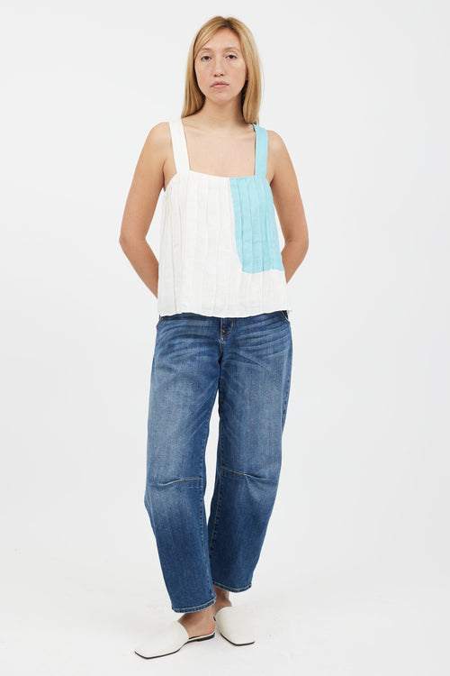 Mara Hoffman White 
Blue Pleated Tank Top