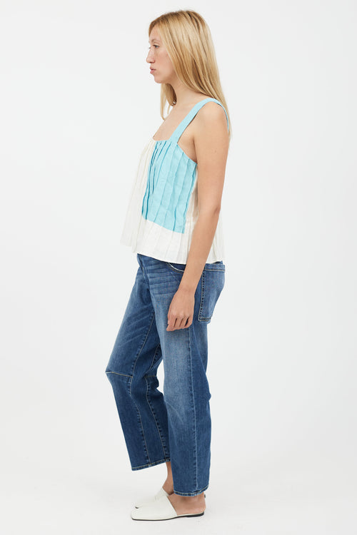 Mara Hoffman White 
Blue Pleated Tank Top