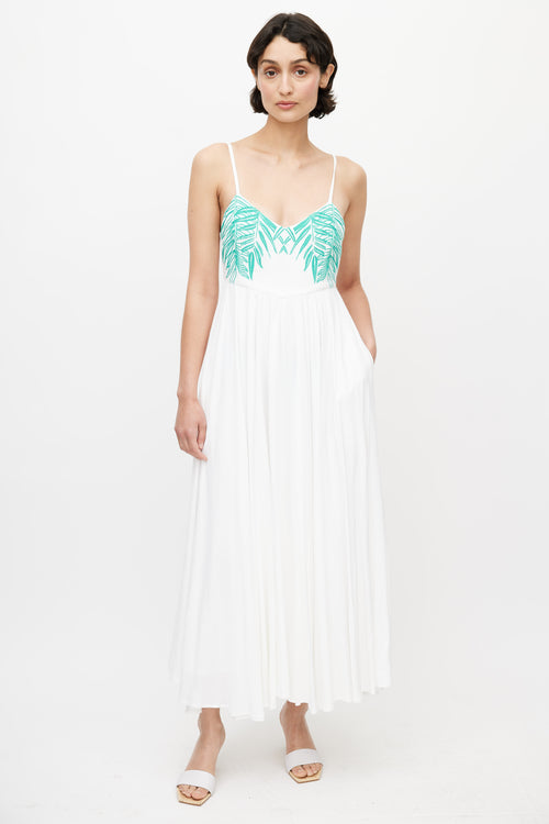 Mara Hoffman White 
Green Linen Embroidered Maxi Dress