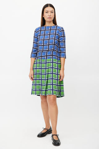 Marc Jacobs Blue 
Green Plaid Pleated Dress