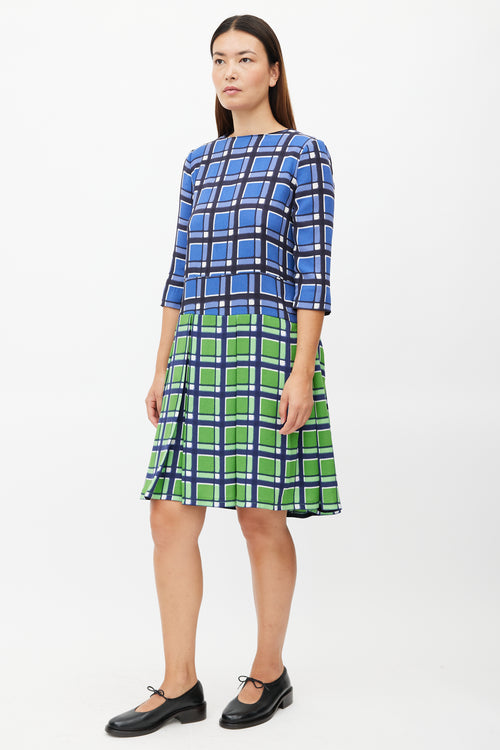 Marc Jacobs Blue 
Green Plaid Pleated Dress