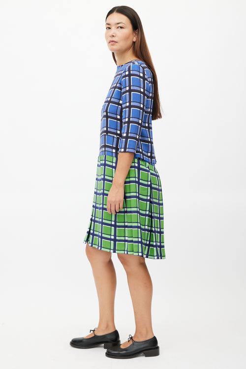 Marc Jacobs Blue 
Green Plaid Pleated Dress