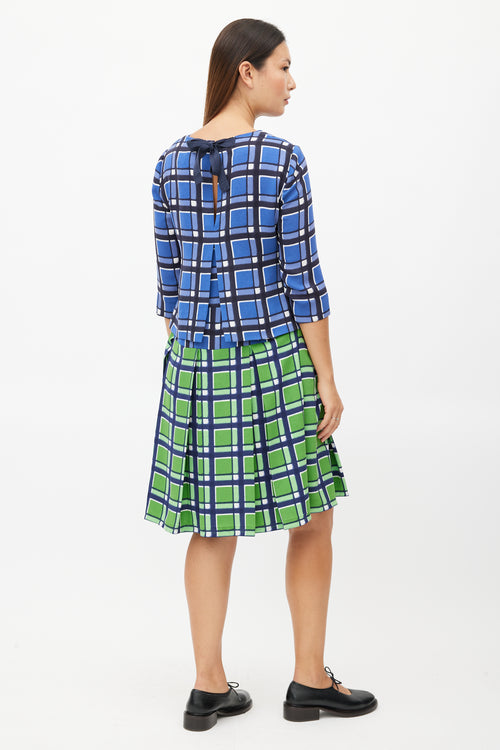 Marc Jacobs Blue 
Green Plaid Pleated Dress